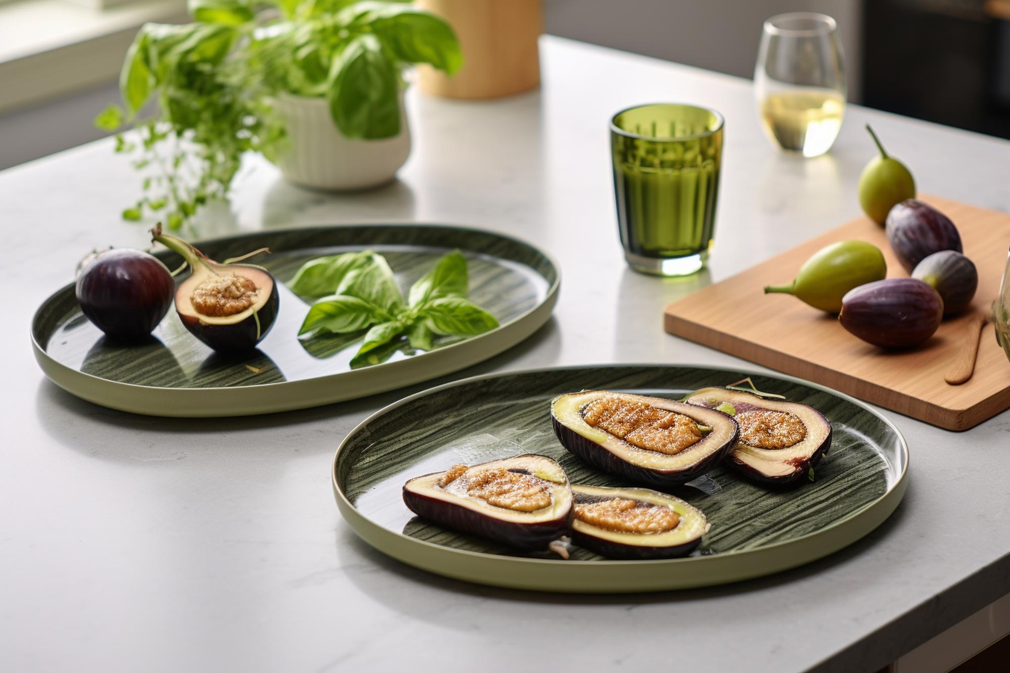 Small test kitchen bench with plated appetizers